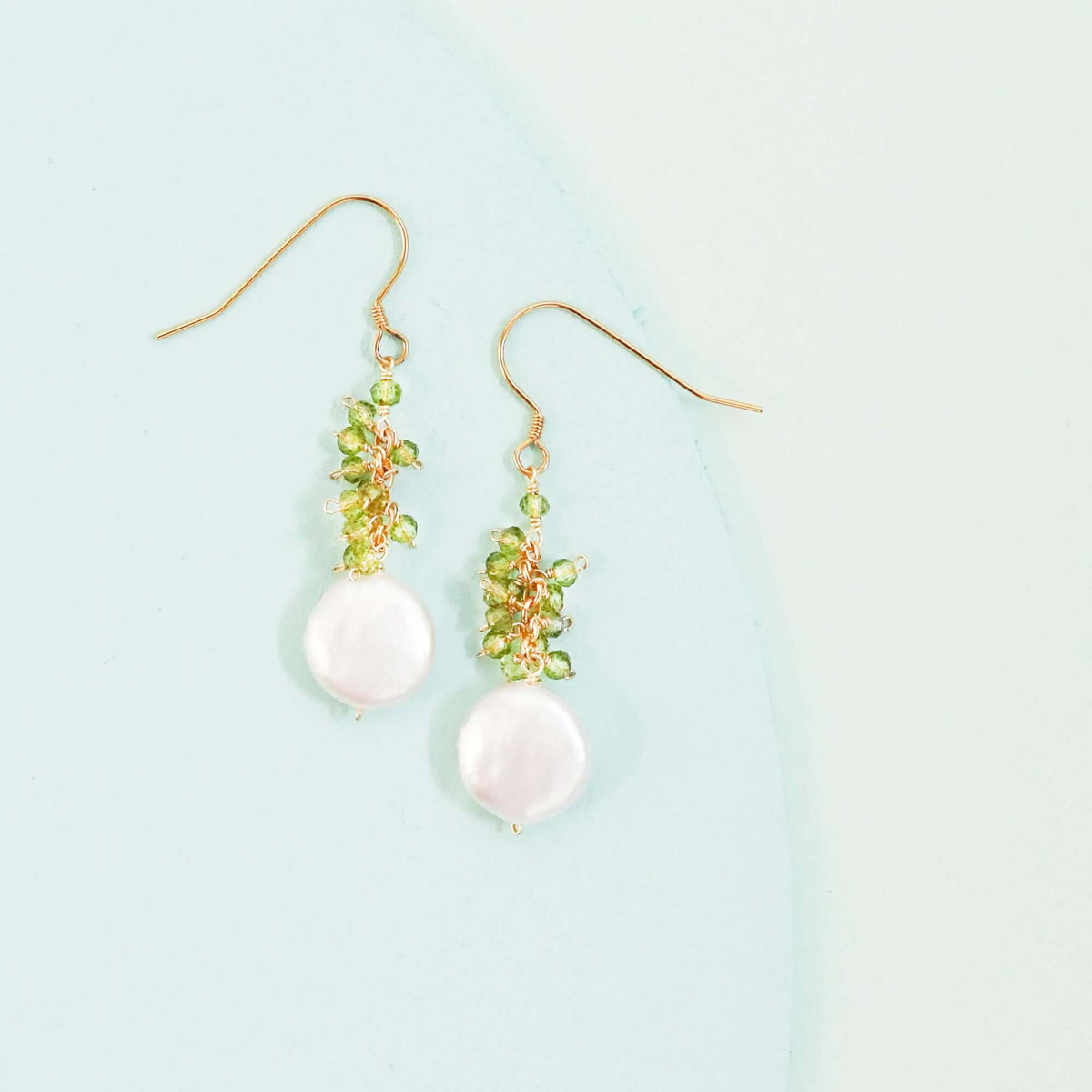 Peridot coin pearl earrings with freshwater pearls and peridot gemstones on 14k gold plated sterling silver French hooks