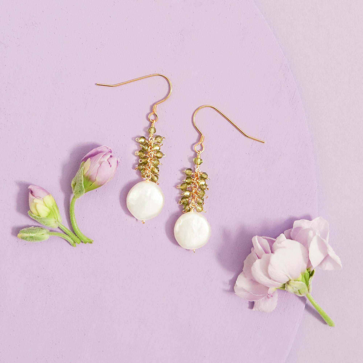 Peridot coin pearl earrings with freshwater pearls and peridot gemstones, 14k gold plated sterling silver, 1.25 inches long, French hooks