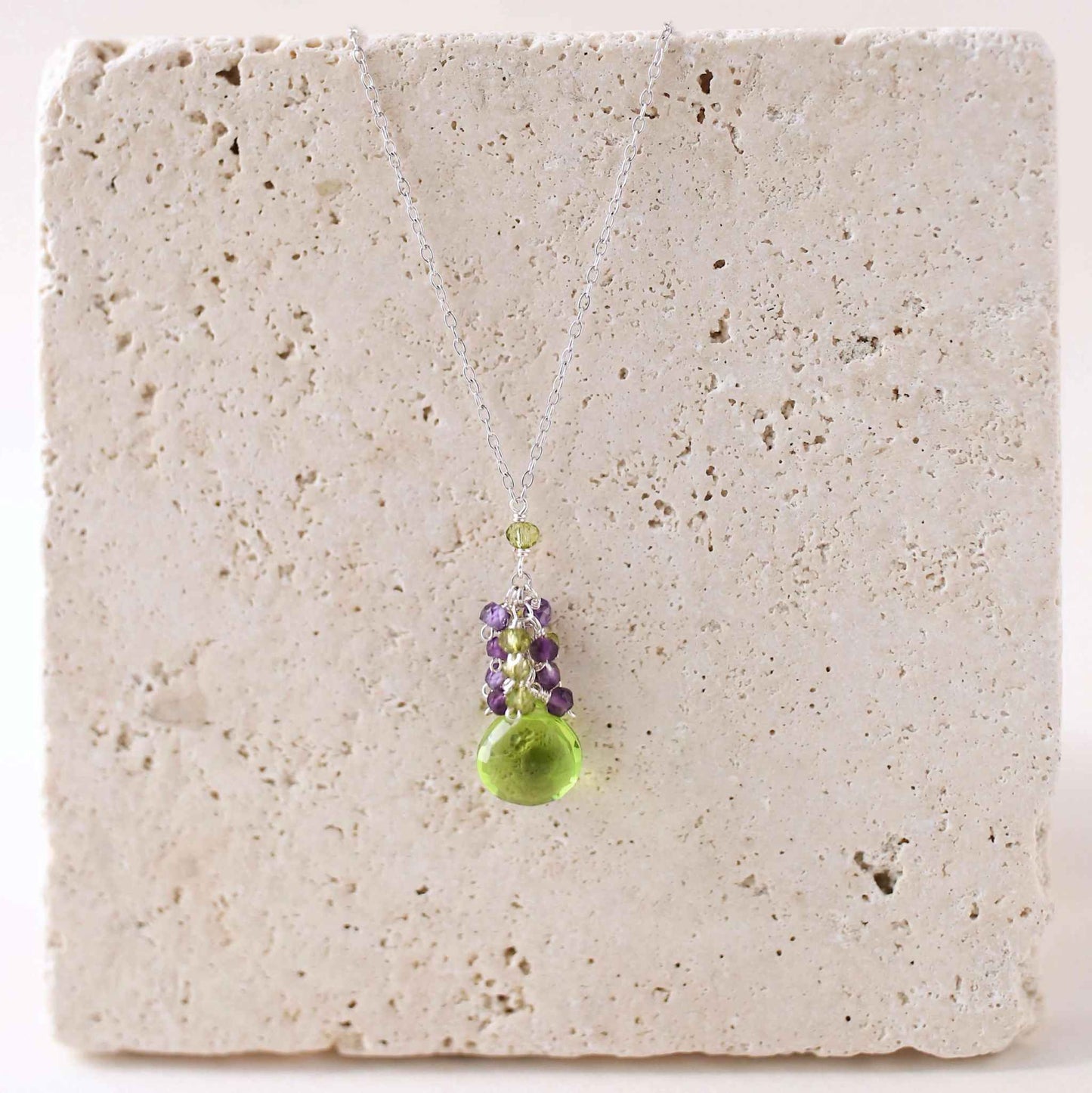 Peridot Quartz Raindrop cluster necklace with amethyst gems on sterling silver chain