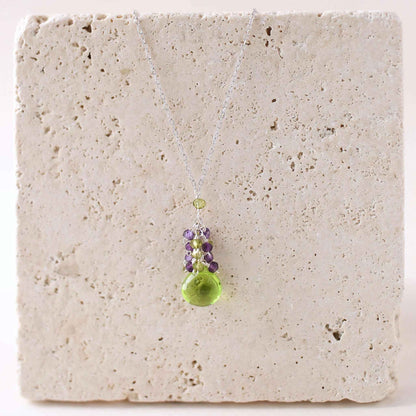 Peridot Quartz Raindrop cluster necklace with amethyst gems on sterling silver chain