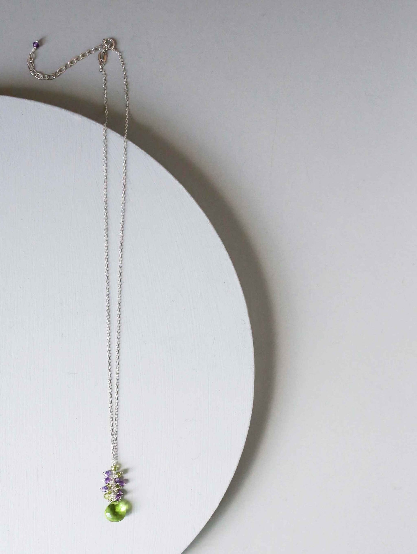 Peridot quartz raindrop cluster necklace with amethyst gems on sterling silver chain