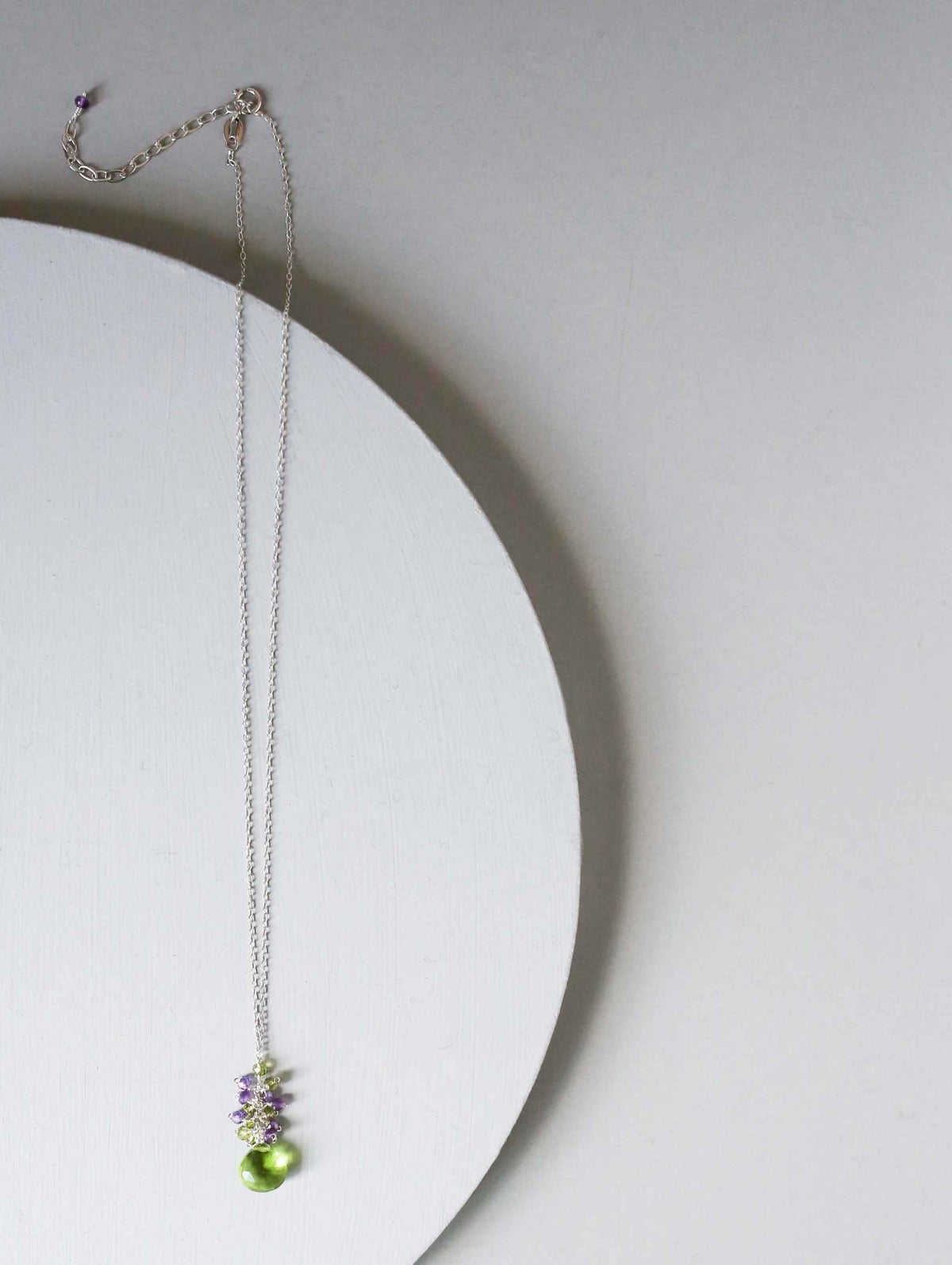 Peridot quartz raindrop cluster necklace with amethyst gems on sterling silver chain