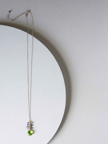 Peridot quartz raindrop cluster necklace with amethyst gems on sterling silver chain