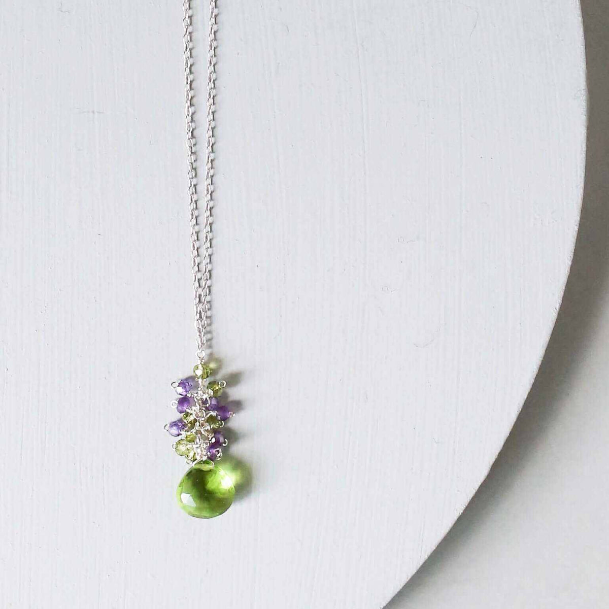 Peridot quartz raindrop pendant necklace with amethyst cluster on sterling silver chain