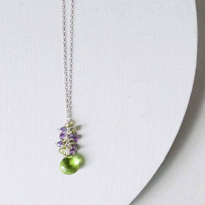 Peridot quartz raindrop pendant necklace with amethyst cluster on sterling silver chain