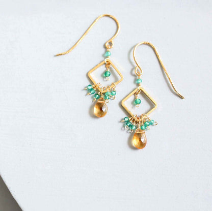 Pixy Earring in citrine and green onyx with 14k gold plating