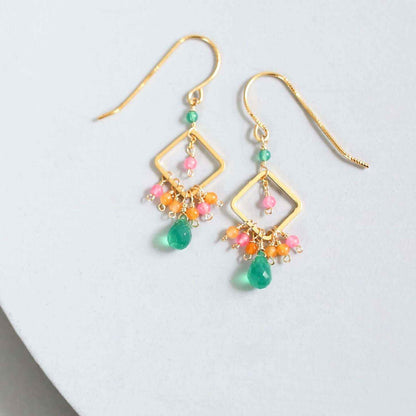 Green onyx pixy earring with colorful gemstones and gold plating
