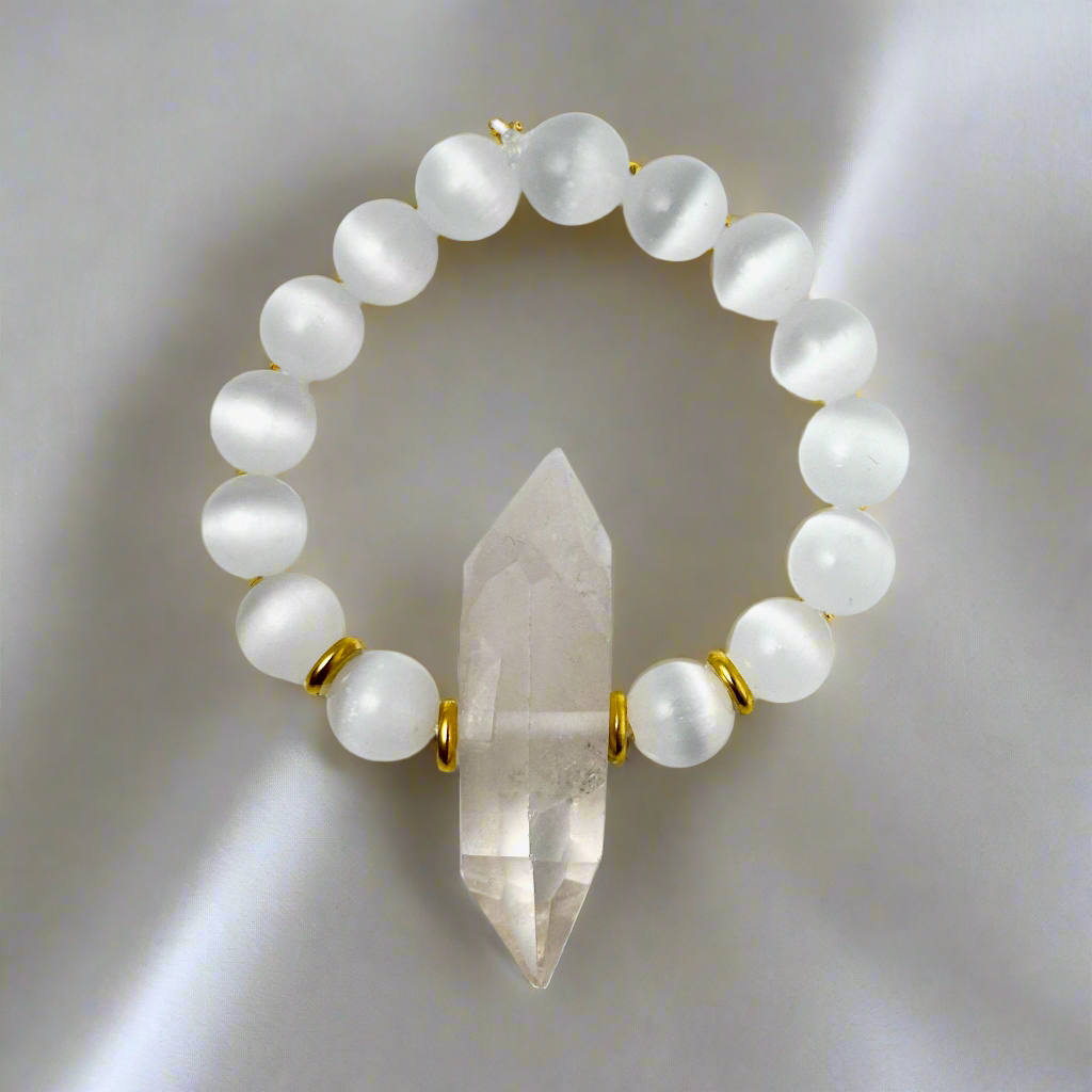 Clear Quartz & Selenite Double Pointed Crystal Bracelet Divine Light Codes