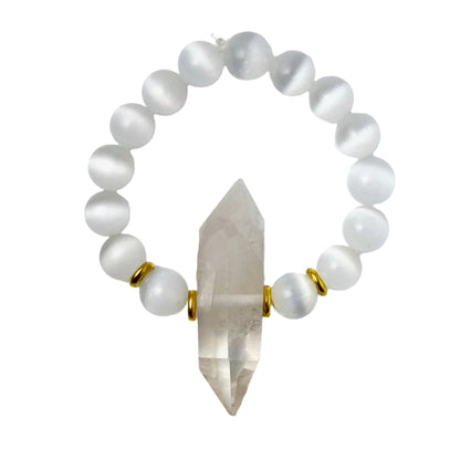 Clear Quartz & Selenite Double Pointed Crystal Bracelet Divine Light Codes