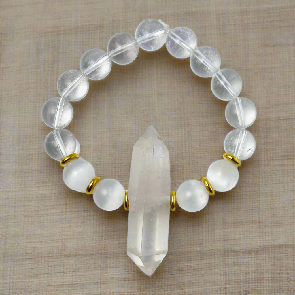 Clear Quartz & Selenite Double Pointed Crystal Bracelet Divine Light Codes
