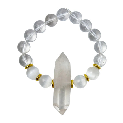 Clear Quartz & Selenite Double Pointed Crystal Bracelet Divine Light Codes