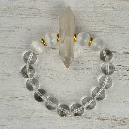 Clear Quartz & Selenite Double Pointed Crystal Bracelet Divine Light Codes