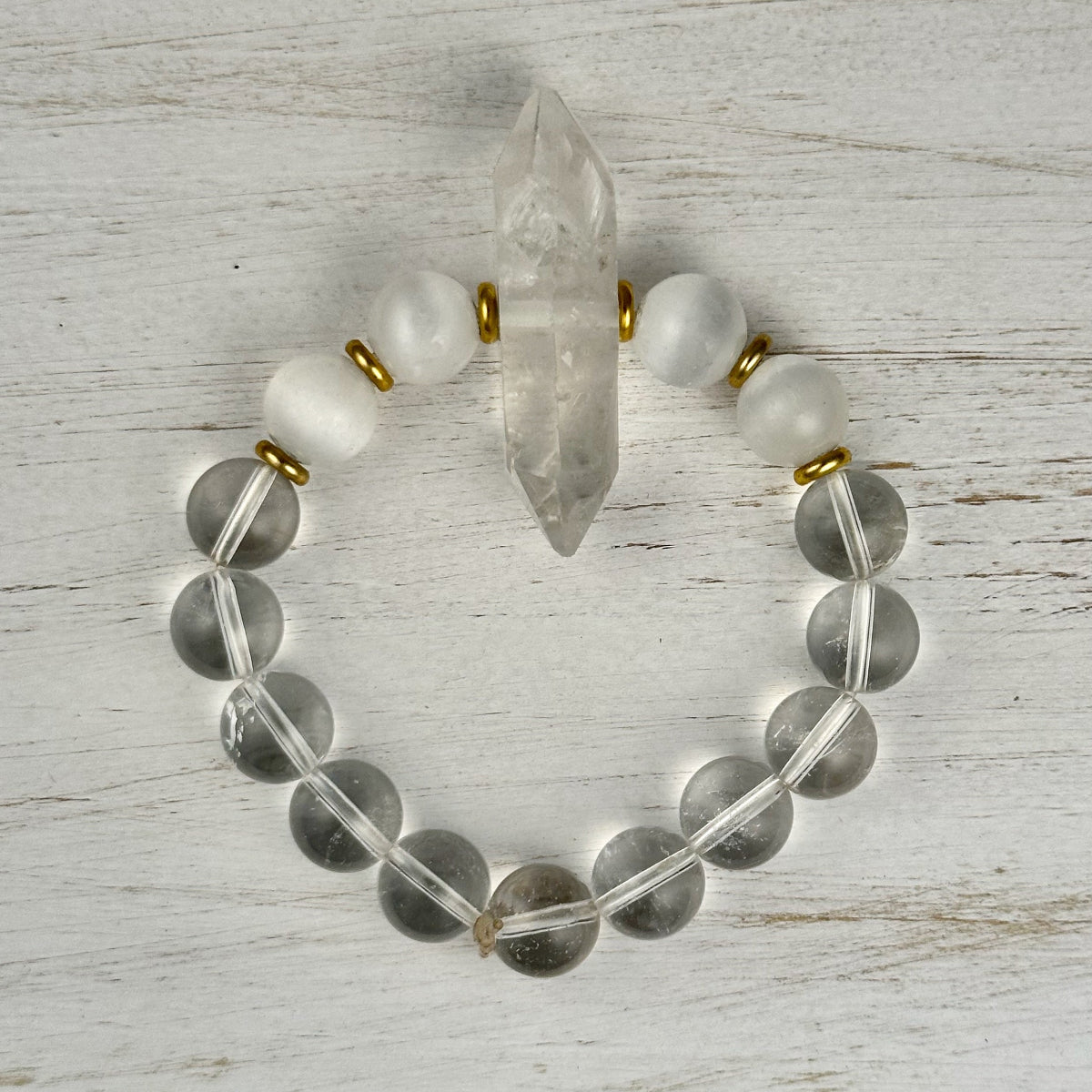 Clear Quartz & Selenite Double Pointed Crystal Bracelet Divine Light Codes
