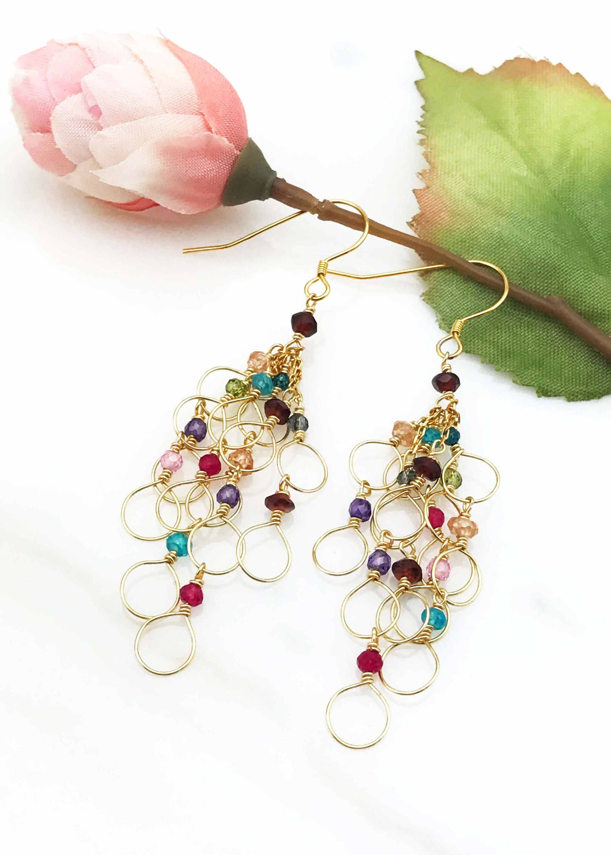 Colorful Rainbow Chain Loop Earrings with multicolored gemstones on 14k gold plated sterling silver French hooks
