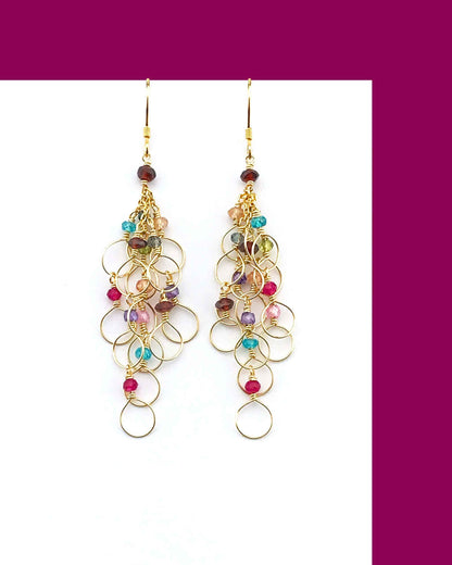 Rainbow Chain Loop Earrings with multicolored gemstones in 14k gold plated sterling silver
