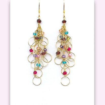 Colorful Rainbow Chain Loop Earrings with garnet, quartz, peridot, amethyst, ruby, apatite, tourmaline, and blue quartz gemstones on 14k gold plated sterling silver