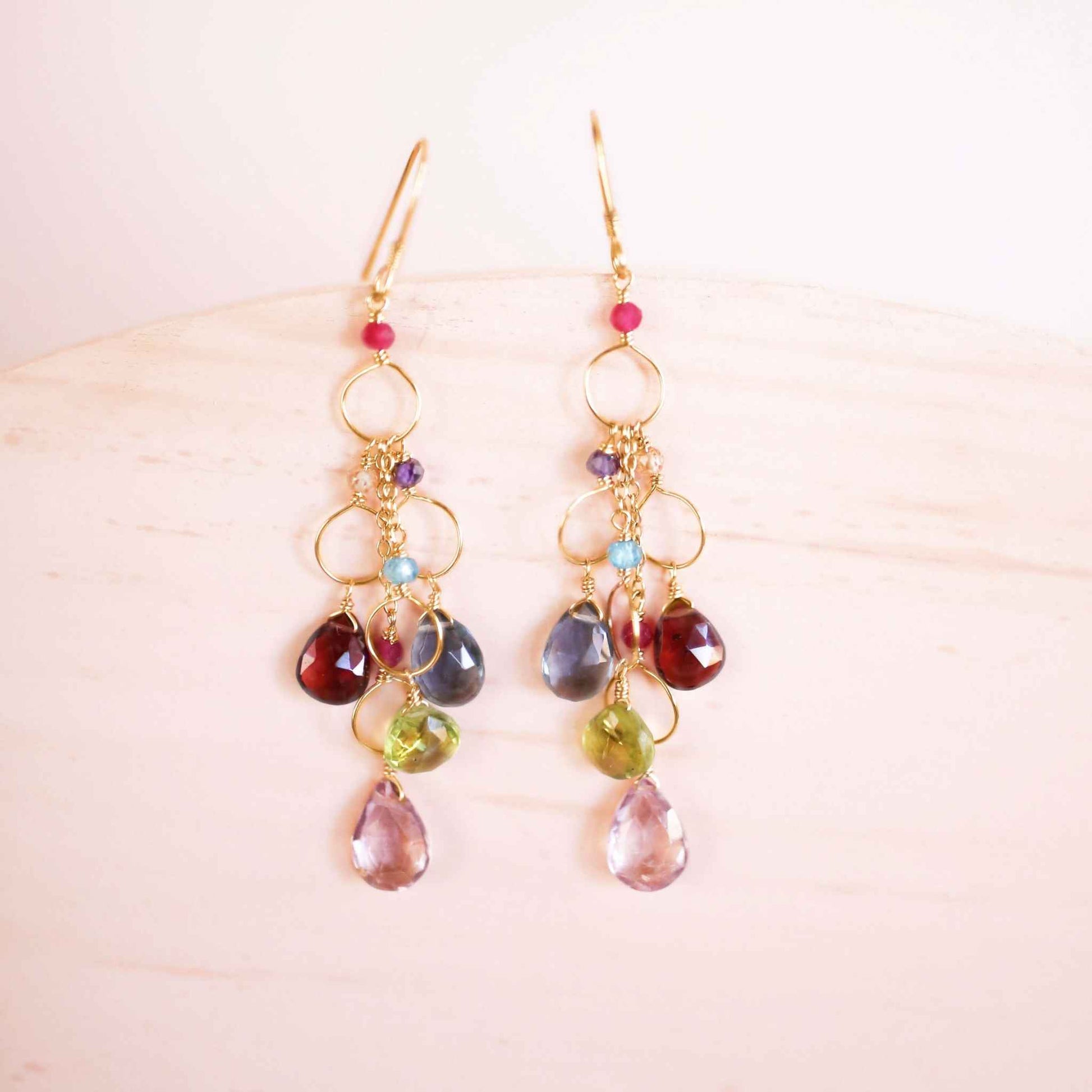 Rainbow gemstone waterfall earrings with pink quartz, iolite, peridot, garnet, 14k gold plated sterling silver, handmade luxury jewelry