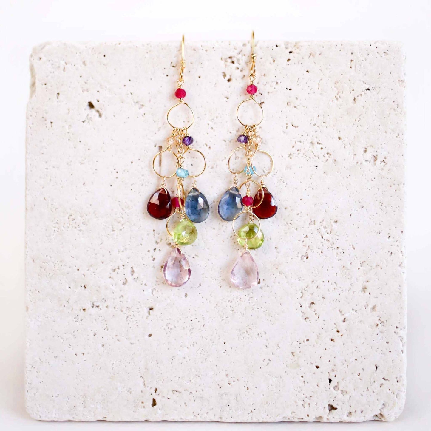Colorful Rainbow Gemstone Waterfall Earrings with pink quartz, iolite, peridot, and garnet gemstones on gold plated sterling silver French hooks