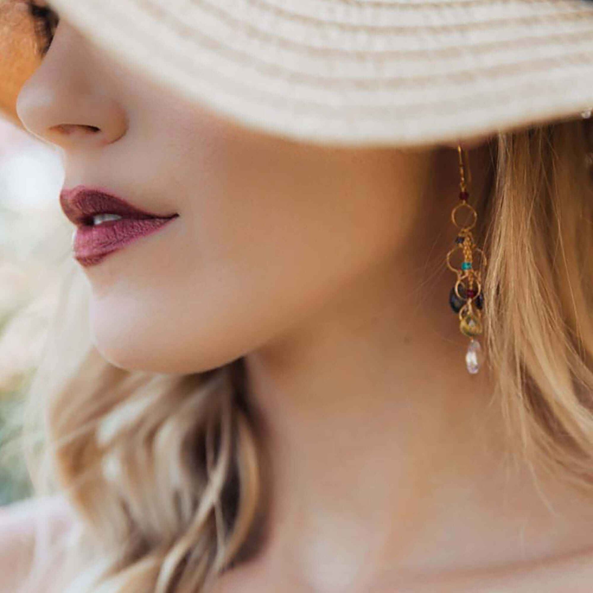 Rainbow Gemstone Waterfall Earrings with pink quartz, iolite, peridot, and garnet on gold plated sterling silver French hooks