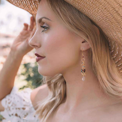 Rainbow Gemstone Waterfall Earrings with pink quartz, iolite, peridot, and garnet gemstones, 14k gold plated sterling silver chandelier design