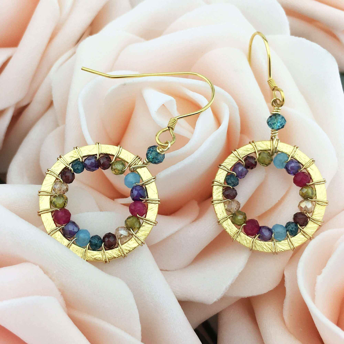 Rainbow Halo Mini Earrings with sparkling rainbow gems and 14k gold plated French hooks