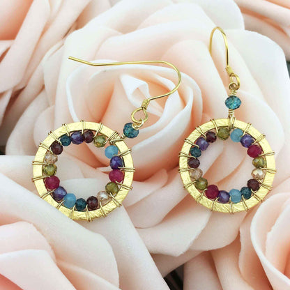 Rainbow Halo Mini Earrings with sparkling rainbow gems and 14k gold plated French hooks