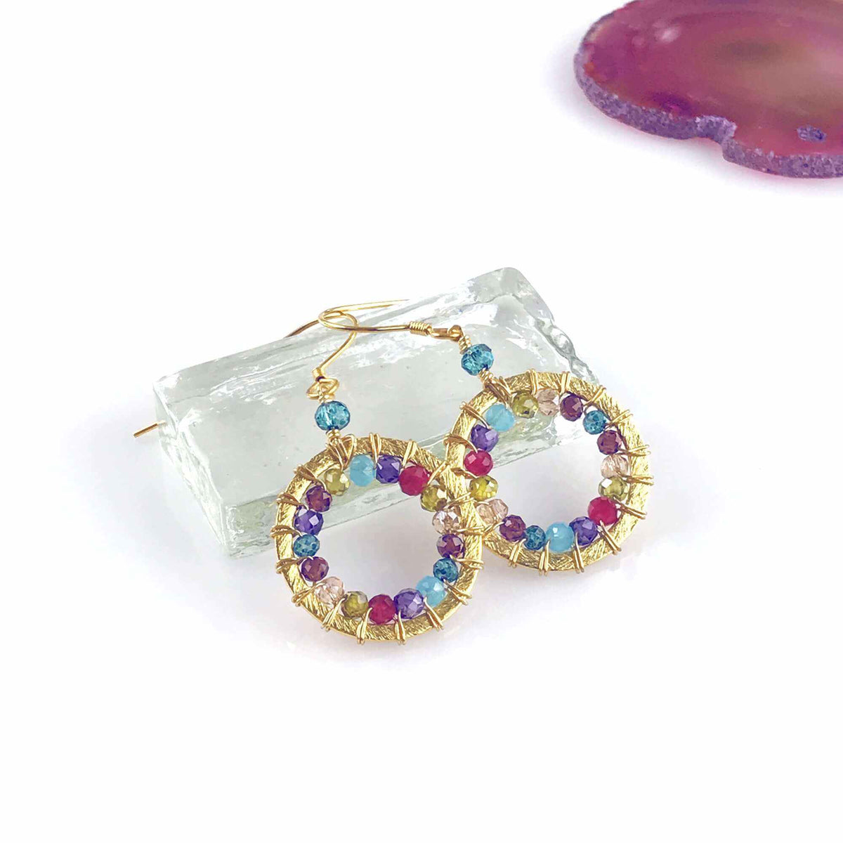 Rainbow Halo Mini Earrings with sparkling rainbow gems and 14k gold plating on silver