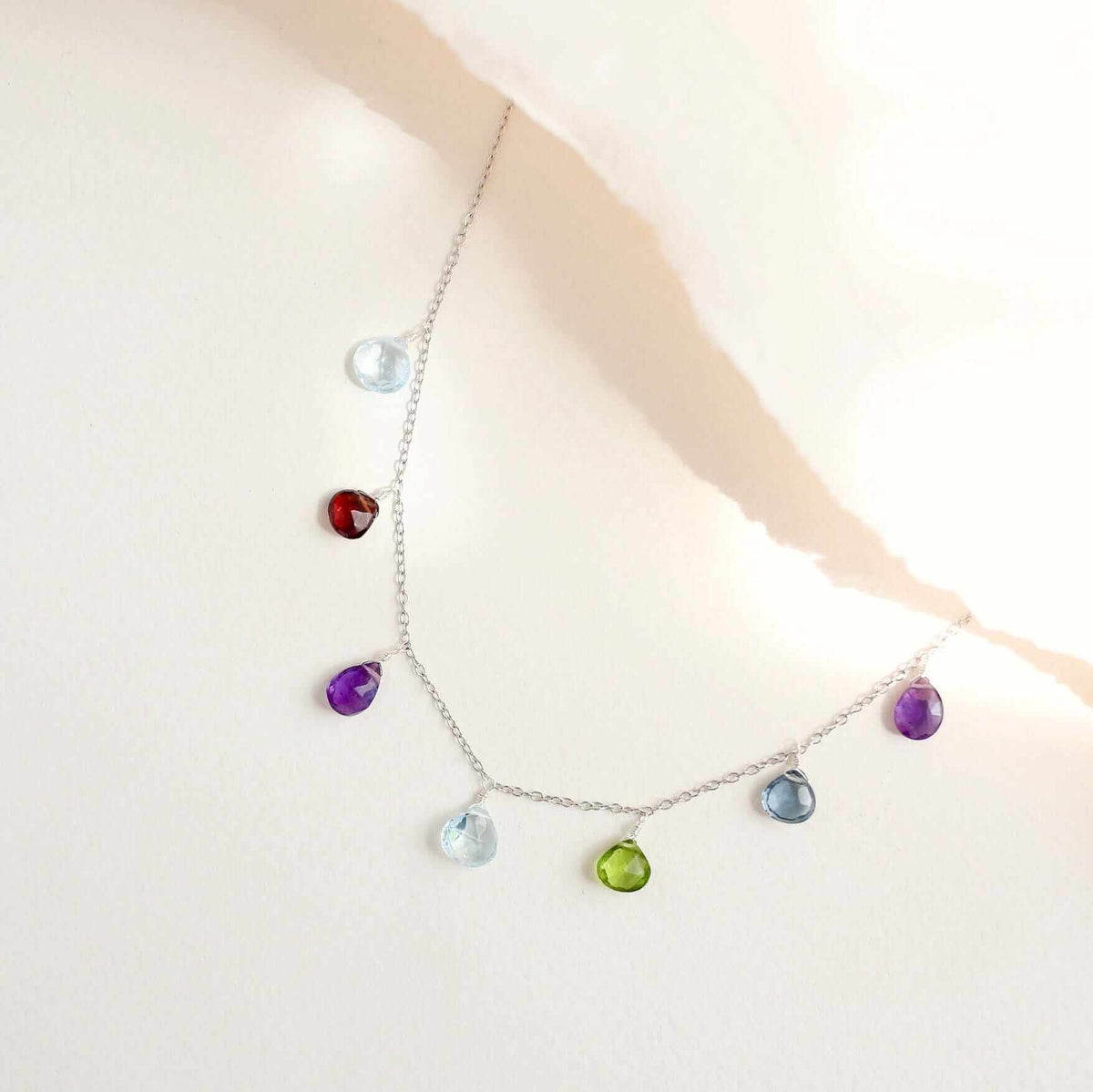 Gold Rainbow Sparkler Necklace with aquamarine, garnet, iolite, amethyst, and peridot quartz gemstones on a 14k gold plated sterling silver chain