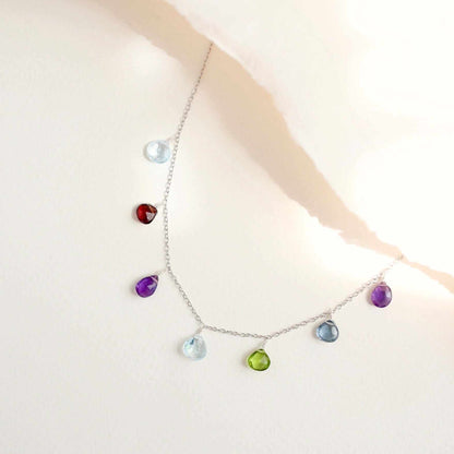 Gold Rainbow Sparkler Necklace with aquamarine, garnet, iolite, amethyst, and peridot quartz gemstones on a 14k gold plated sterling silver chain