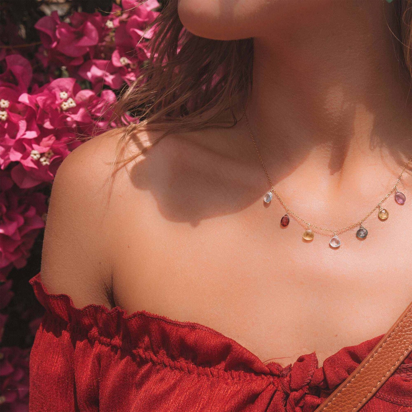 Gold Rainbow Sparkler Necklace with aquamarine, garnet, iolite, amethyst, and peridot gemstones on 14k gold plated sterling silver chain