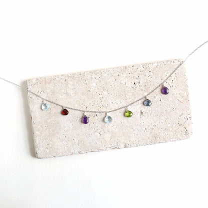 Rainbow Sparkler Necklace gold with aquamarine, garnet, iolite, amethyst, and peridot quartz on 14k gold plated sterling silver chain