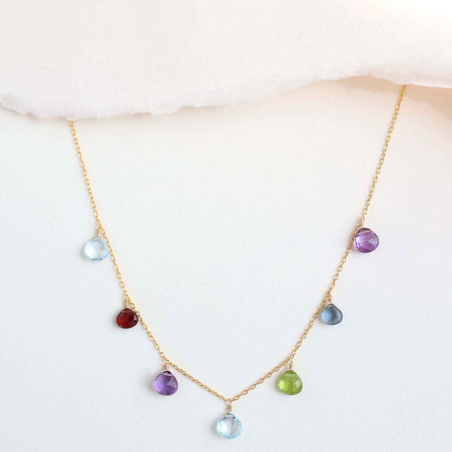 Gold Rainbow Sparkler Necklace with multicolor gemstones on sterling silver chain