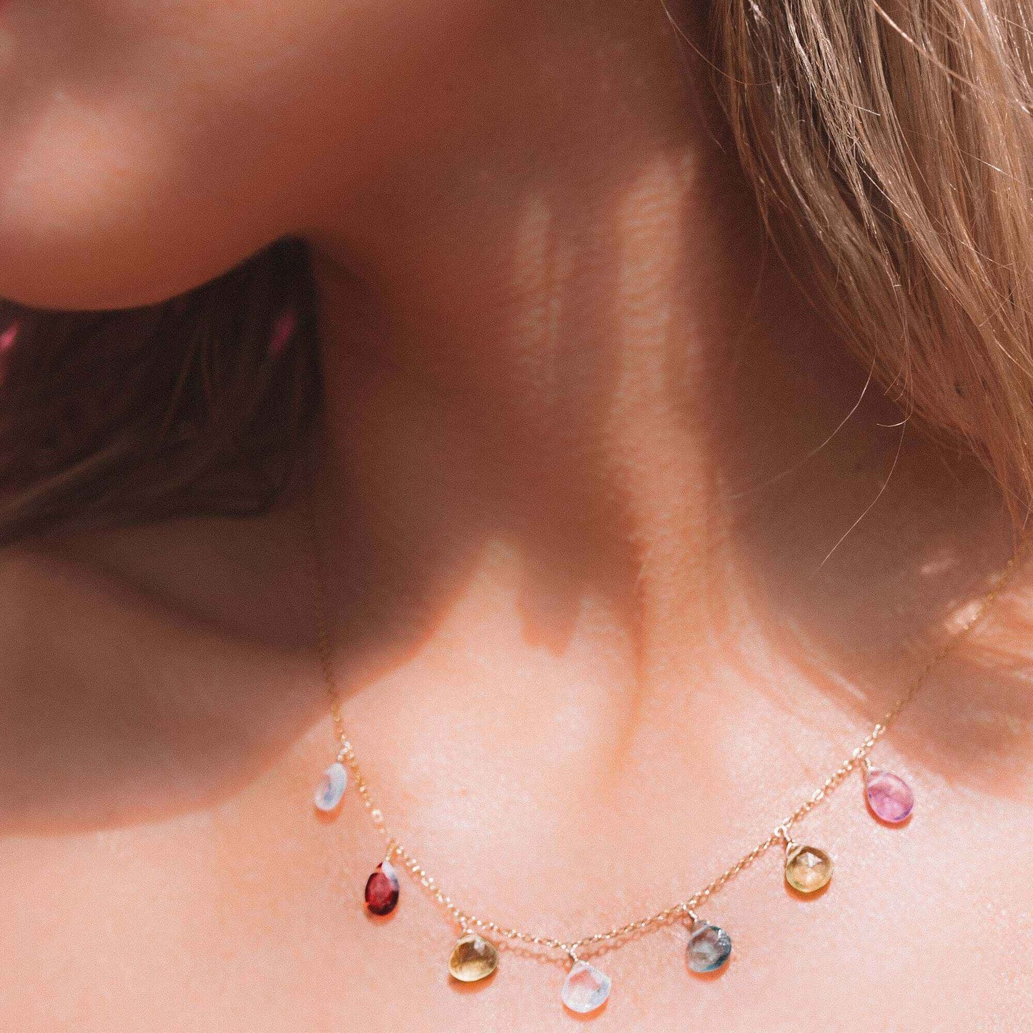 Gold Rainbow Sparkler Necklace with multicolor gemstones on 14k gold plated sterling silver chain