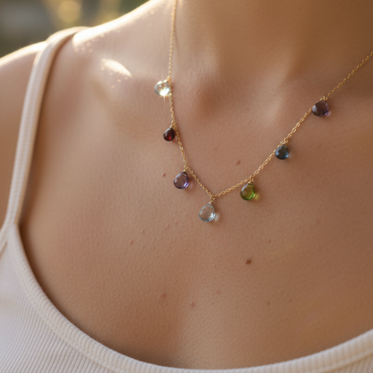 Rainbow Sparkler Necklace gold with aquamarine, garnet, amethyst, peridot quartz gemstones on 14k gold plated sterling silver chain