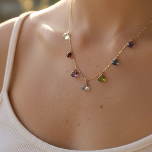 Rainbow Sparkler Necklace gold with aquamarine, garnet, amethyst, peridot quartz gemstones on 14k gold plated sterling silver chain