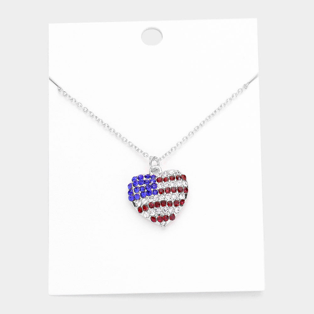 Women's Rhinestone Embellished American USA Flag Heart Pendant Statement Necklace 4th of July