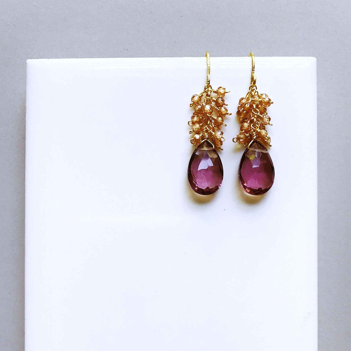 Rhodolite Garnet Bala Earrings plum red gemstones 1.5 inch gold plated sterling silver French hooks gift box packaging