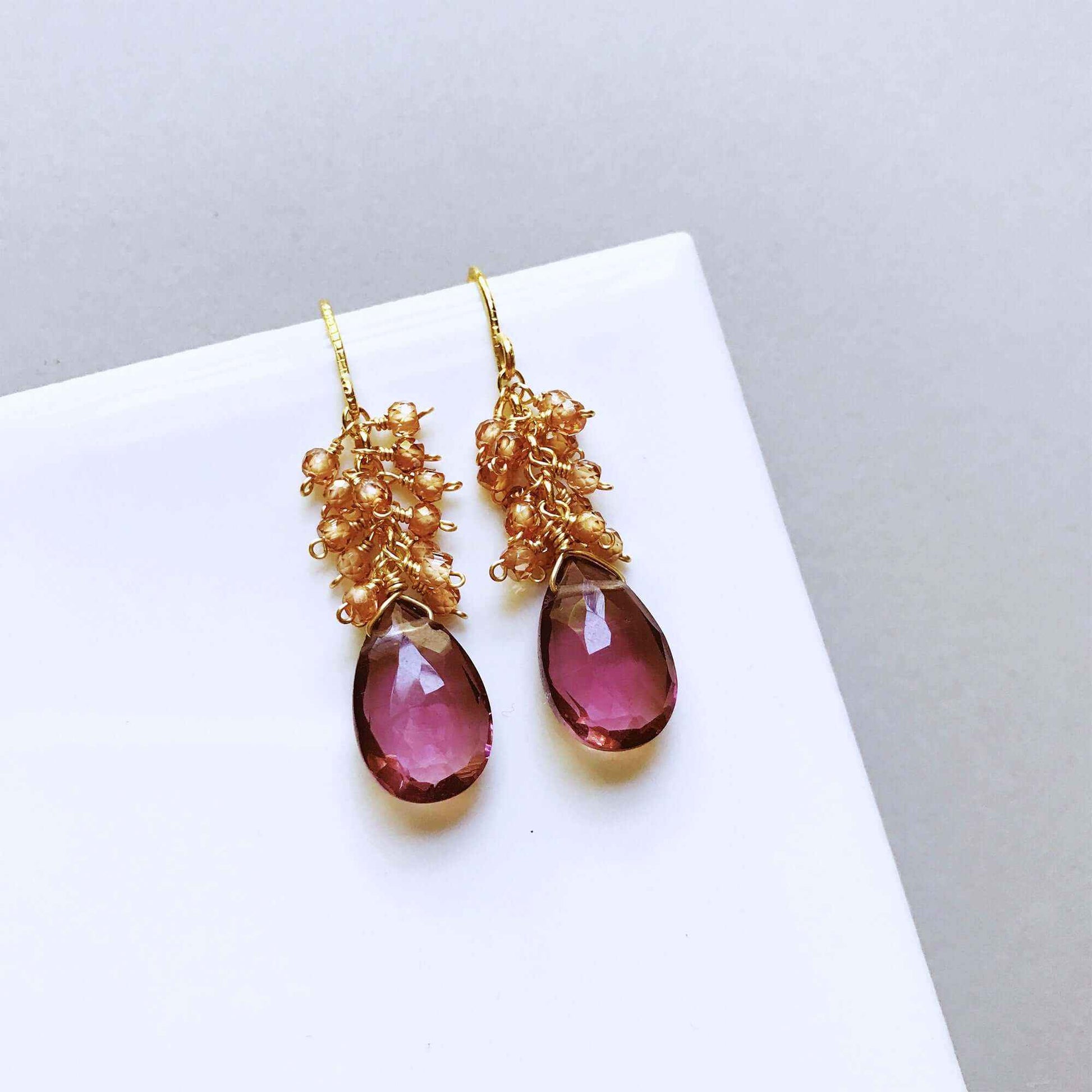 Rhodolite Garnet Bala Earrings 1.5 inch plum red gemstone dangle earrings with 14k gold plated sterling silver French hooks