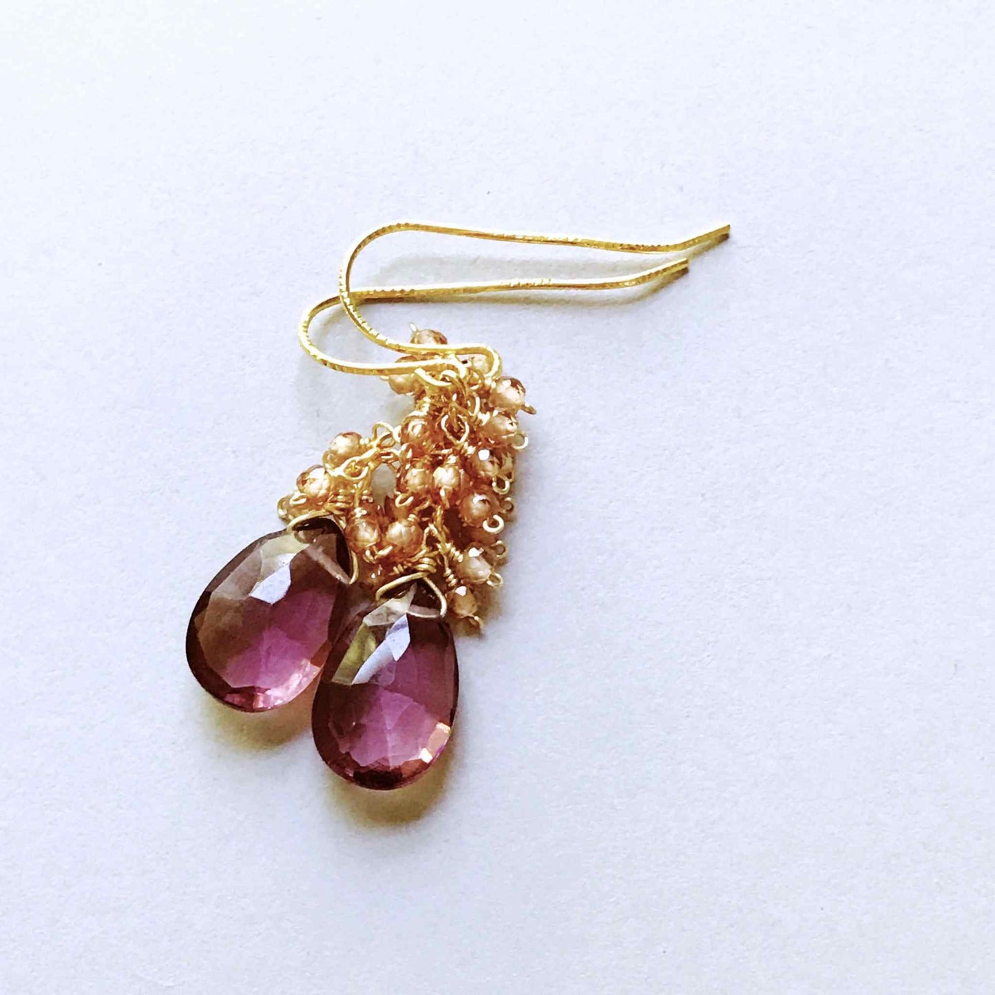 Rhodolite Garnet Bala Earrings with plum red gemstones and 14k gold plated sterling silver French hooks