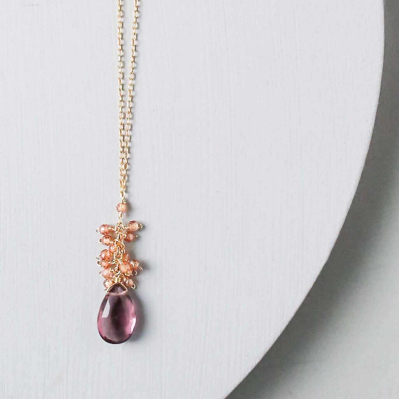 Rhodolite garnet cluster necklace with champagne quartz on gold-plated sterling silver chain