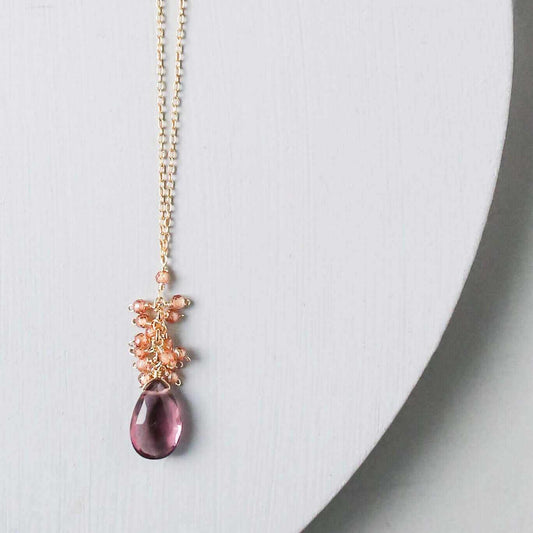 Rhodolite garnet cluster necklace with champagne quartz on gold-plated sterling silver chain