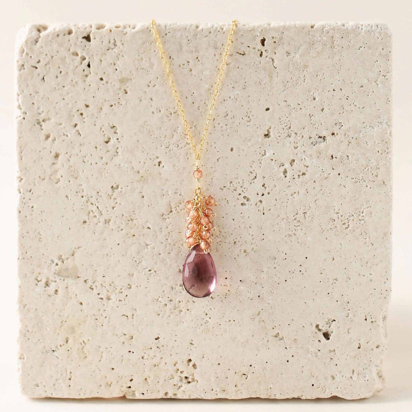 Rhodolite garnet cluster necklace with champagne quartz on 14k gold plated sterling silver chain