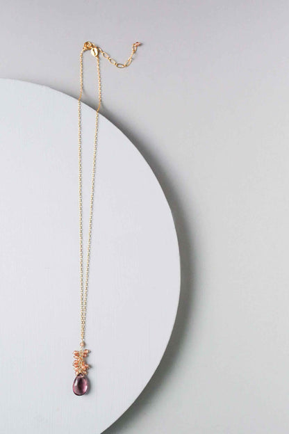 Rhodolite garnet cluster necklace with champagne quartz on gold plated sterling silver chain