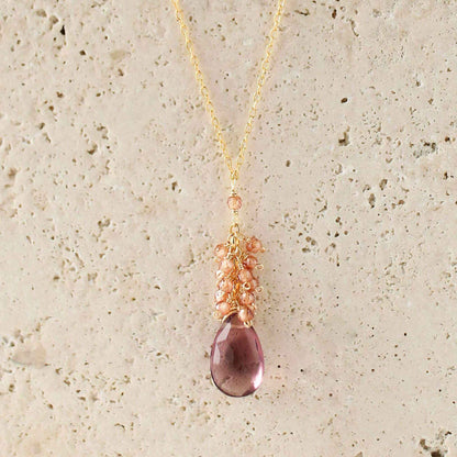 Rhodolite garnet cluster necklace with champagne quartz on gold-plated sterling silver chain