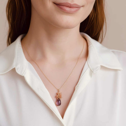 Rhodolite garnet cluster necklace with champagne quartz on gold plated sterling silver chain