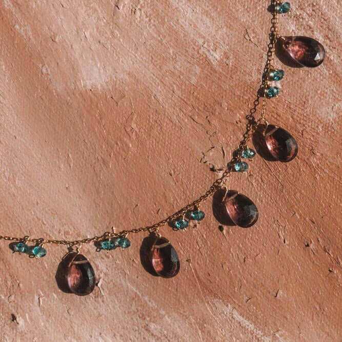 Rhodolite garnet and aquamarine necklace with 14k gold plated chain and adjustable length