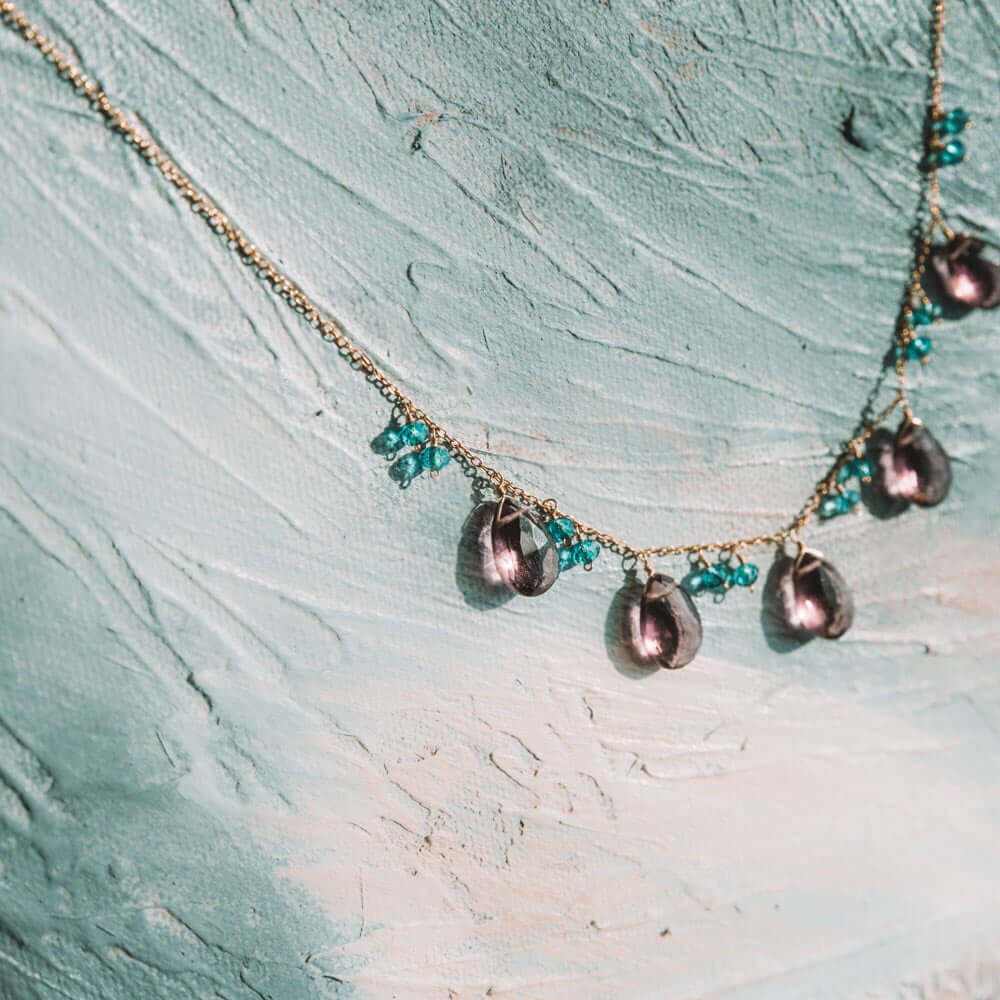 Rhodolite garnet sparkler necklace with blue aquamarine gemstones on adjustable 14k gold plated silver chain