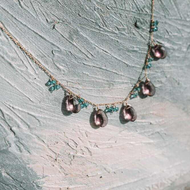 Rhodolite garnet and aquamarine sparkler necklace with 14k gold plated chain, adjustable length, handmade in USA