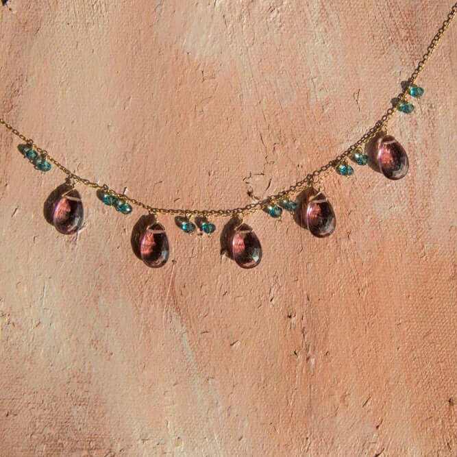 Rhodolite garnet and aquamarine sparkler necklace with 14k gold plated Italian silver chain