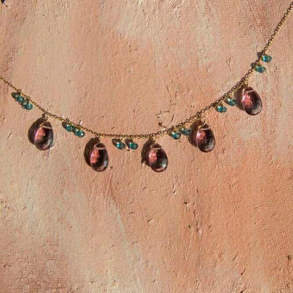 Rhodolite garnet and aquamarine sparkler necklace with 14k gold plated Italian silver chain